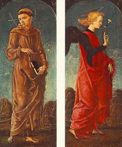 St Francis of Assisi and Announcing Angel (panels of a polyptych) c. 1475 by Cosme Tura
