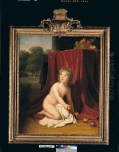 Portrait Of A Child Sitting Beside A Table Holding An Apple