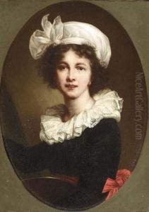 Portrait Of The Artist, Half-length, In A Black Dress, Red Sash And White Bonnet
