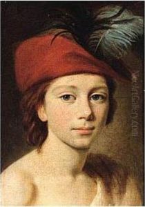 Portrait Of A Young Boy, Head And Shoulders, Wearing A Red Plumed Cap