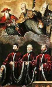 St. Jerome, St. Peter and St. Anthony above a portrait of three lawyers