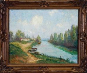 Sommerliche Flusslandschaft Mit Booten Und Blick Auf Ein Gehoft by Claude Vignon