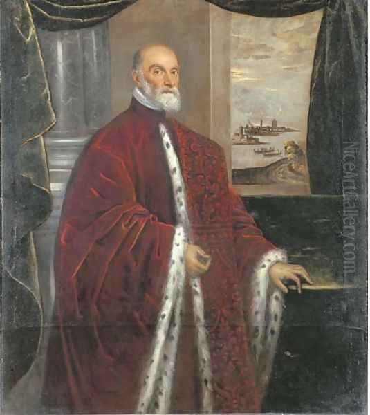 Portrait of a Venetian Senator, three-quarter-length, in robes of office, by a green curtain with a Venetian landscape beyond - view 1