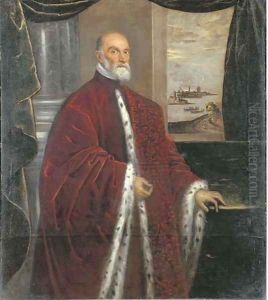 Portrait of a Venetian Senator, three-quarter-length, in robes of office, by a green curtain with a Venetian landscape beyond