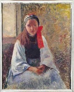 Fillette Blonde Assise. Huile Sur Toile Signee Des Initiales En Bas A Gauche by Claude Vignon