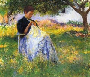 A Girl Sewing in an Orchard by Edmund Charles Tarbell