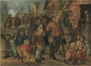 A Village Scene With A Bagpipe Player Surrounded By Children by David Vinckboons I