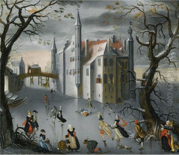 A Winter Landscape With Elegant Figures Skating On A Frozen Moatnear A Castle - view 1
