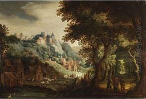Landschaft Mit Waldrand,
Dorf Und Burg Auf Einer Anhohe