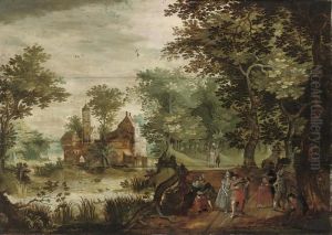A Wooded River Landscape With Elegant Company, A Castlebeyond by David Vinckboons I
