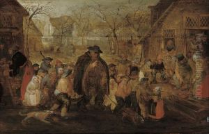 A Village Street With A Blind Hurdy-gurdy Player Surrounded Bychildren by David Vinckboons I