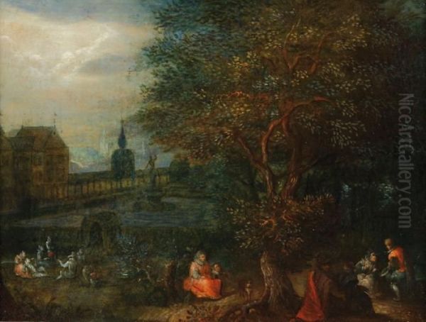 Landschaft Mitpersonen Am Waldrand, Am Horizont Ein Gut Mit Teich - view 1