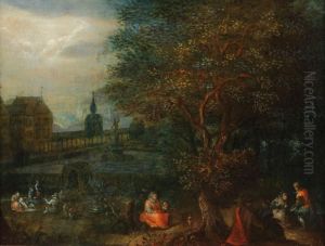Landschaft Mitpersonen Am Waldrand, Am Horizont Ein Gut Mit Teich by David Vinckboons I