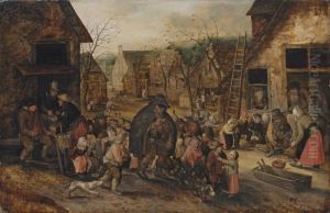 A Village Street With A Blind Hurdy-gurdy Player Surrounded Bychildren by David Vinckboons I