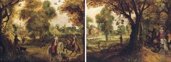A Wooded Landscape With A 
Hawking Party, A Village Beyond; And A Wooded Landscape With A Hawking 
Party Returning To A Village - view 1