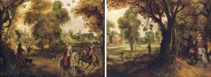 A Wooded Landscape With A 
Hawking Party, A Village Beyond; And A Wooded Landscape With A Hawking 
Party Returning To A Village by David Vinckboons I