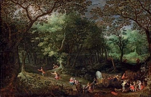 A Wooded Landscape With Bandits Attacking Travellers In Wagons - view 1