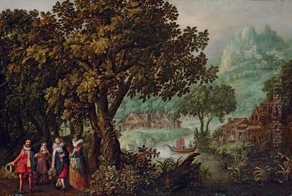 Elegant Company In A Wooded Landscape, With A Town On A Hill Beyond - view 1