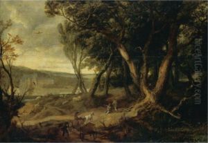 Landscape With A Waggoner, A
Shepherd Resting His Flock And Other Figures Before The Chateau De
Tervueren by David Vinckboons I