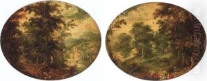 A Wooded Landscape With Two 
Hunters In The Foreground, A Castle On A Riverbank Beyond; And A Wooded 
Landscape With Travellers Resting In The Foreground by David Vinckboons I