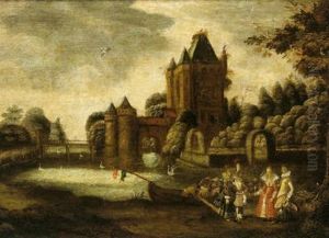 Elegante Compagnia Davanti A Un Castello Circondato D""""acqua