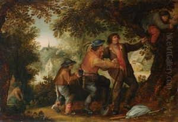 Die Nestrauber. Ol Auf Holz
(parkettiert). H 38; B 55 Cm. Verso Die Marke Des Herstellers Der
Holztafel, "ls" (ligiert), Fur Lambrecht Steens, Tatig In Antwerpen Um
1600. Gutachten K. Goossens, Borgerhout. Provenienz: Galerie Robert
Finck, Brussel - view 1