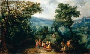 An Extensive Landscape With 
Elegant Figures Shooting And Promenading Beside A River, A Village And 
Chteau Beyond