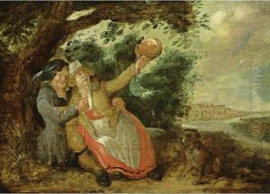 An Amorous Couple Drinking Under
 A Tree In A Landscape Together With A Dog, A View Of A River And A Town
 Beyond