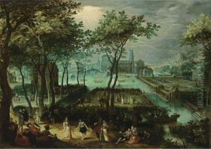 An Extensive View Of A Palace 
Garden With Elegant Figures Dancing And Making Music In The Foreground 
And Boats On Moats, With The Palace And Bridges In The Background