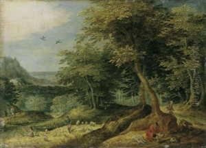 Bewaldete Landschaft Mit Figurenstaffage.