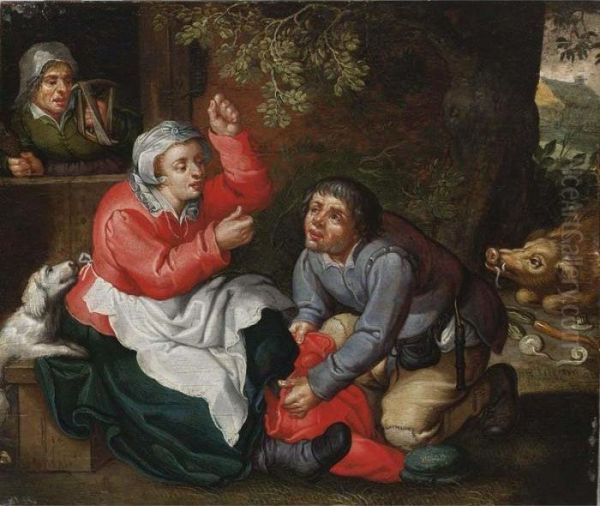 A Peasant Couple Together With A Pig And A Dog Near A House With A Spinster In A Door - view 1