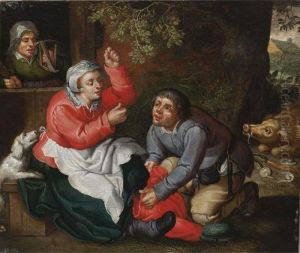 A Peasant Couple Together With A Pig And A Dog Near A House With A Spinster In A Door
