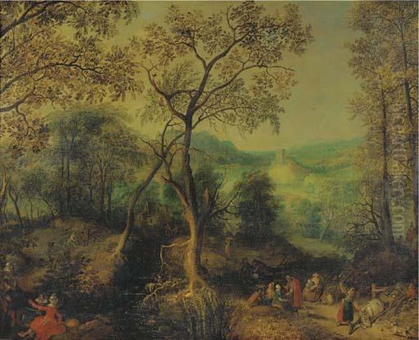A Wooded Landscape With Peasants
 Returning From A Market And An Elegant Couple Making Merry Nearby - view 1