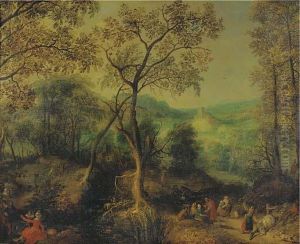 A Wooded Landscape With Peasants
 Returning From A Market And An Elegant Couple Making Merry Nearby