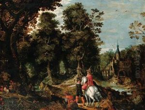 A Wooded River Landscape With Sportsmen Near A Castle by David Vinckboons I