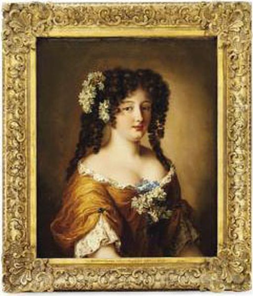 Portrait Of Diane Gabrielle De
Thianges Mancini (?-1715),bust-length, In An Ochre Silk Dress With
Flowers In Her Hair - view 1