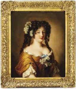 Portrait Of Diane Gabrielle De 
Thianges Mancini (?-1715),bust-length, In An Ochre Silk Dress With 
Flowers In Her Hair