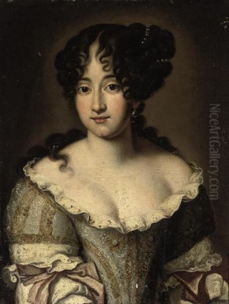 Portrait Of A Lady, Half-length,
In An Embroidered Pale Blue Andwhite Dress With Lace Trimming - view 1