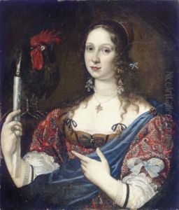 Portrait Of A Lady Holding A Candle, A Rooster Nearby