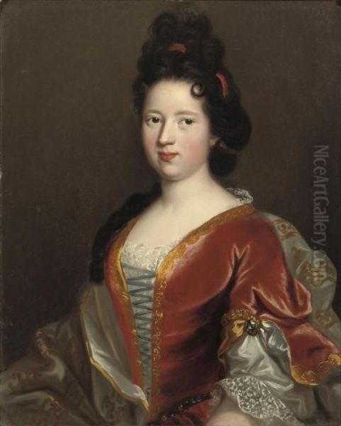 Portrait Of A Young Lady,
Half-length, In A Gold Embroidered Redvelvet Dress And White Chemise - view 1