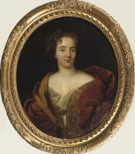 Portrait Of A Lady, Half-length, In An Embroidered Red Velvet Dressand A Lace Chemise