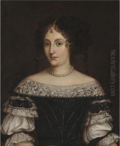 Portrait Of A Lady, Half Length,
 Wearing A Black-and-white Dress With A Lace Trim And Pearl Necklace