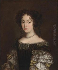 Portrait Of A Lady, Half Length, Wearing A Ribboned Dress And A Pearl Necklace