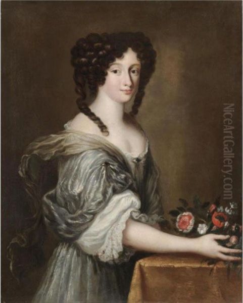 Portrait Of A Lady, Half Length,
Wearing A White Silk Dress And Holding A Bouquet Of Flowers - view 1
