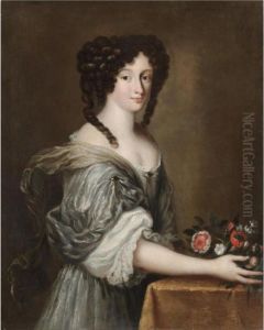 Portrait Of A Lady, Half Length,
 Wearing A White Silk Dress And Holding A Bouquet Of Flowers