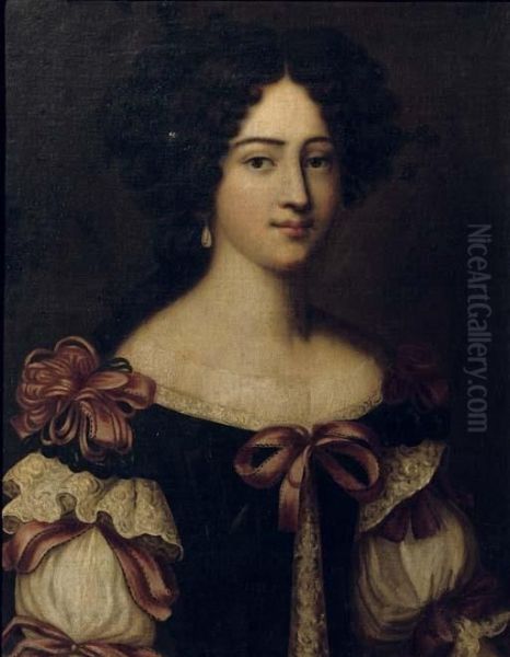 Portrait Of A Lady, Said To Be 
One Of The Mancini Sisters, Half-length, In A Blue Dress With A White 
Chemise, Decorated Wit Red Ribbons - view 1
