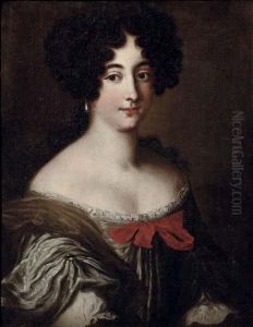 Portrait Of A Lady, Said To Be 
One Of The Mancini Sisters, Half-length, In A Silver Dress With A Brown 
Wrap, Decorated With A Red Ribbon