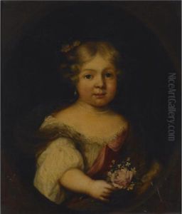 A Portrait Of A Young Girl, Half
Length, Wearing A White And Red Dress, Holding Flowers, In A Painted
Oval by Jacob Ferdinand Voet