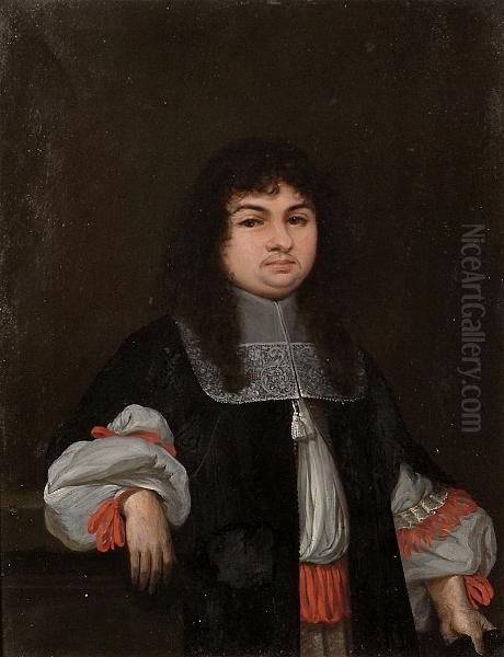 Portrait Of A Gentleman Three Quarter Length Wearing A Black Coat With A Lace Collar. - view 1