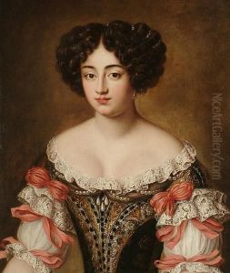Portrait Of Maria Mancini, 
Bust-length, In A Brown Embroidered Dress With Lace Trim And Pink Bows